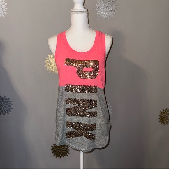 PINK Victoria's Secret Tops - Victoria’s Secret “Pink” Hot Pink/Gray Gold Sequins Ladies Small Tank Top Bling‎